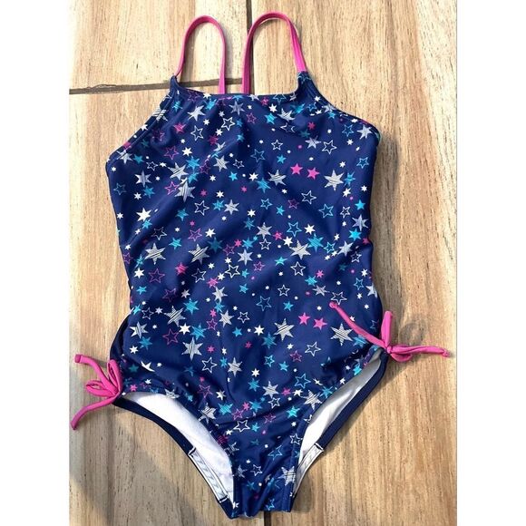 Speedo Girls Size Medium One Piece Swimsuit Neon Stars Print Tie Side Preowned - Picture 1 of 8